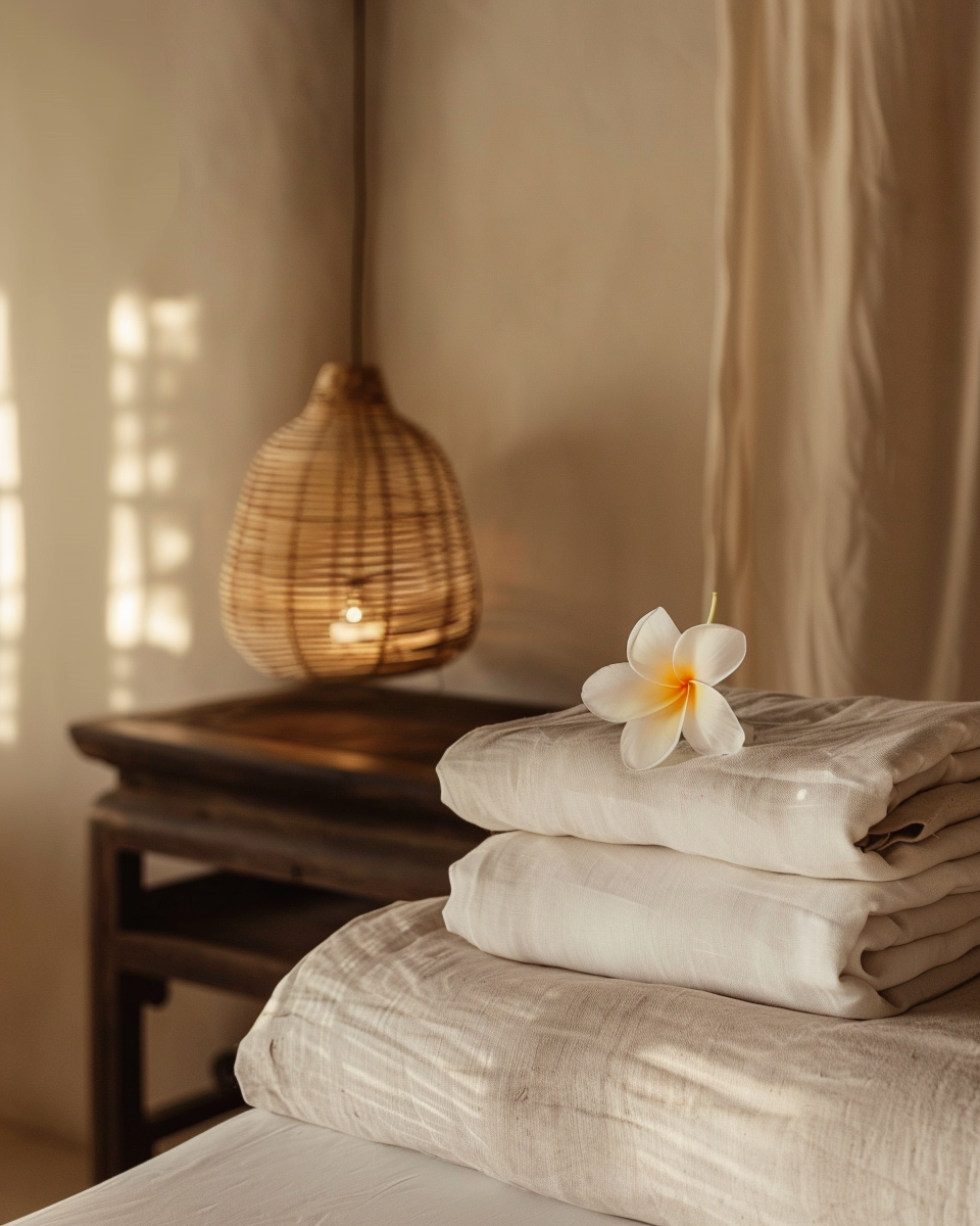 Luxurious linen stack with frangipani flower in warm Balinese villa