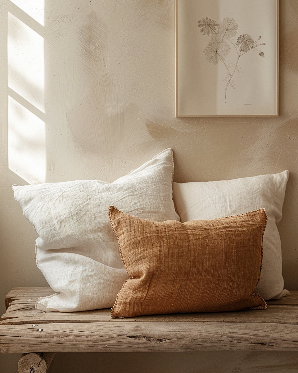 Cushions on wooden bench